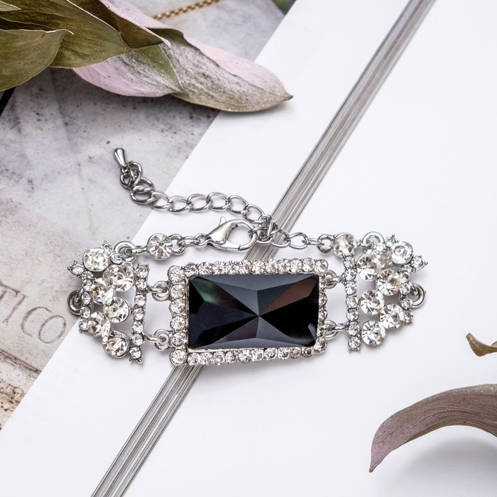 Браслет со стразами "Вечер" прямоугольник, цвет чёрно-белый в серебре