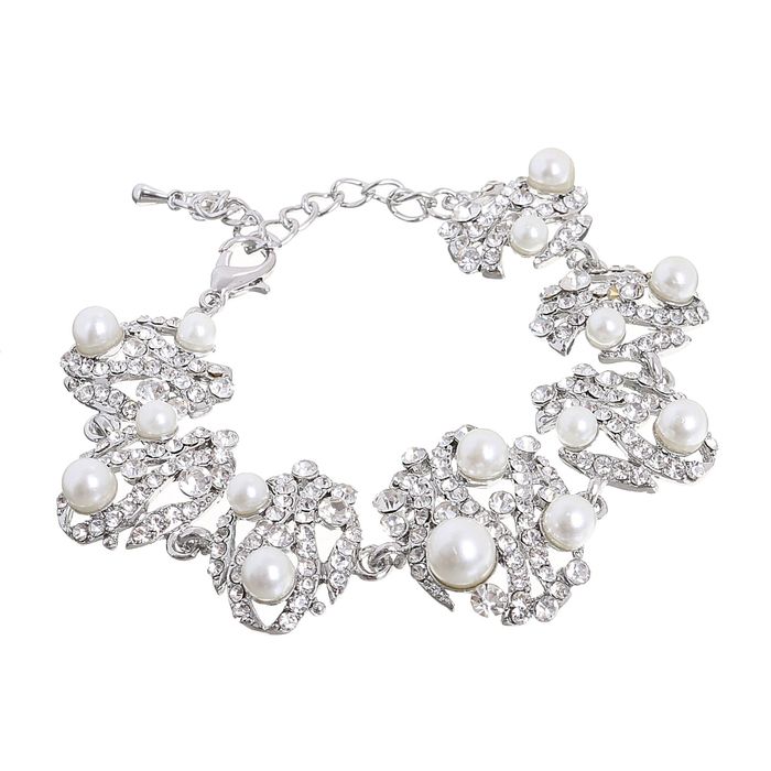 Браслет жемчуг "Овалы" ажур, цвет белый в серебре