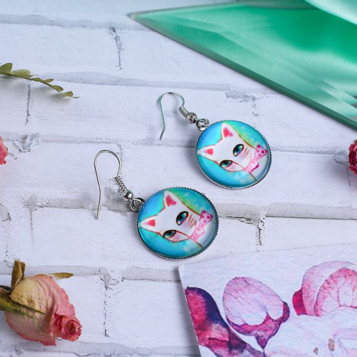 Серьги из стекла Candy кошечка, цветные в серебре