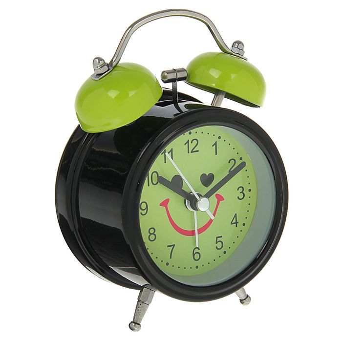 Будильник d=8см, черный, на циферблате Мордашка-улыбашка на зеленом
