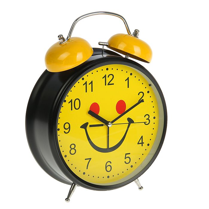 Будильник d=23см, черный, на циферблате Мордашка-улыбашка на желтом микс