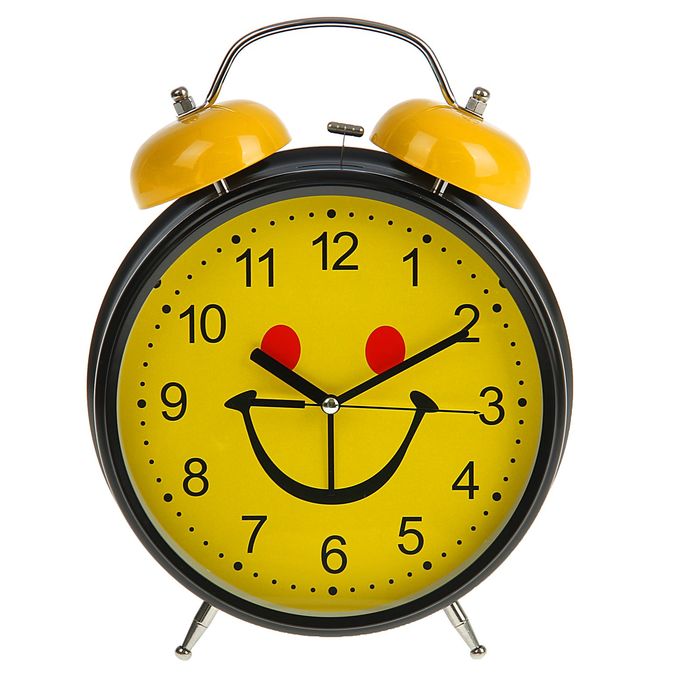 Будильник d=23см, черный, на циферблате Мордашка-улыбашка на желтом микс