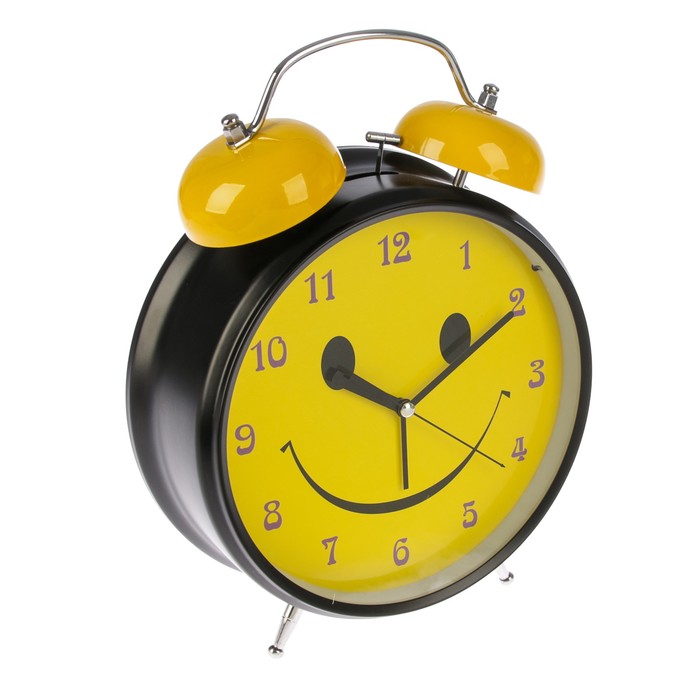 Будильник d=23см, черный, на циферблате Мордашка-улыбашка на желтом микс