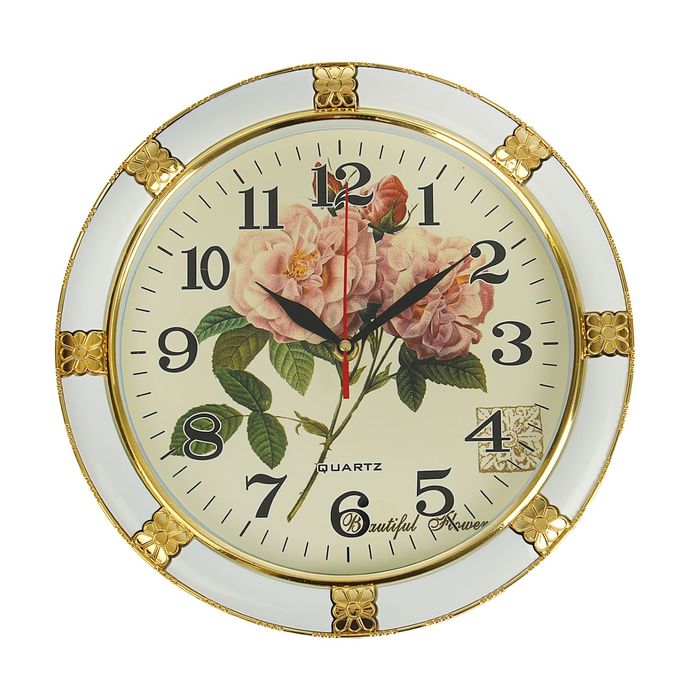 Часы настенные круглые "Пионы", d=30 см, рама белая, вставки золотистые