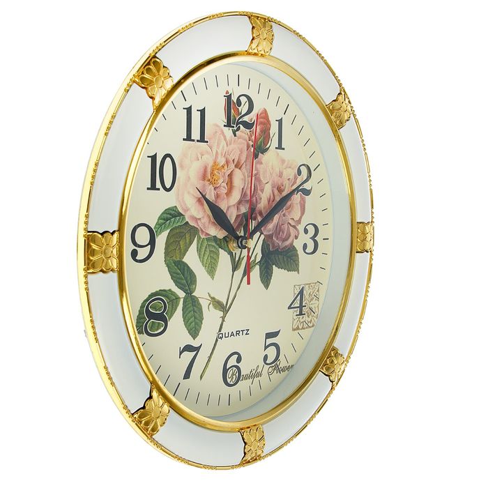 Часы настенные круглые "Пионы", d=30 см, рама белая, вставки золотистые