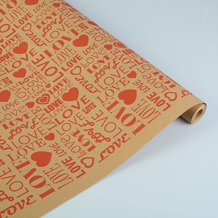 Бумага упаковочная крафт "Love" красный на коричневом, 70 см х 8,5 м