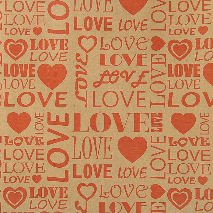 Бумага упаковочная крафт "Love" красный на коричневом, 70 см х 8,5 м