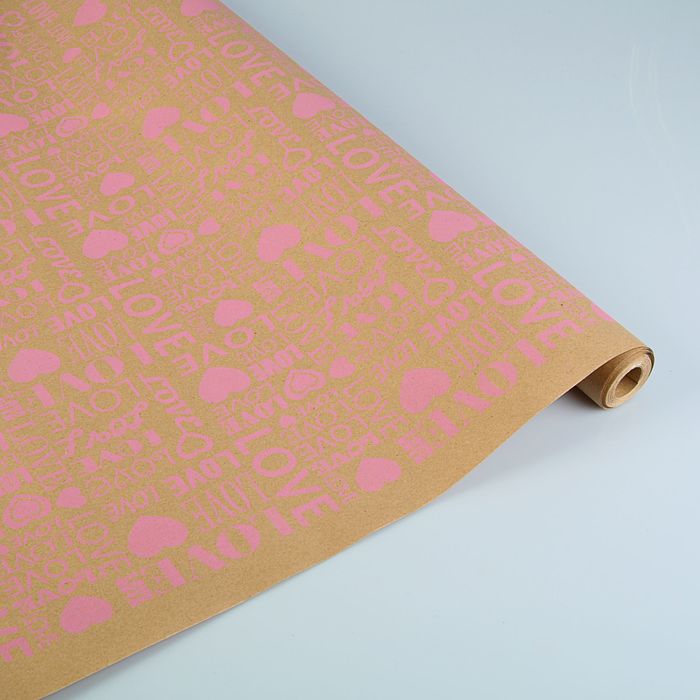 Бумага упаковочная крафт "Love" розовый на коричневом, 70 см х 8,5 м