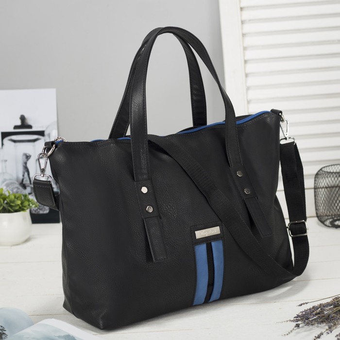 Сумка женская на молнии, 1 отдел, наружный карман, длинный ремень, цвет cиний/чёрный