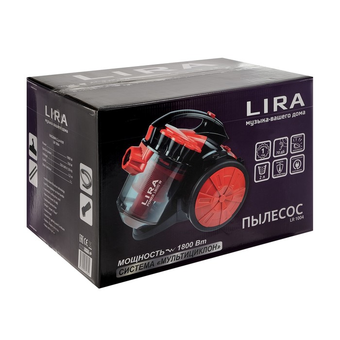 Пылесос LIRA LR 1004, 2200 Вт, мощность всасывания 350 Вт, 2 л, красный