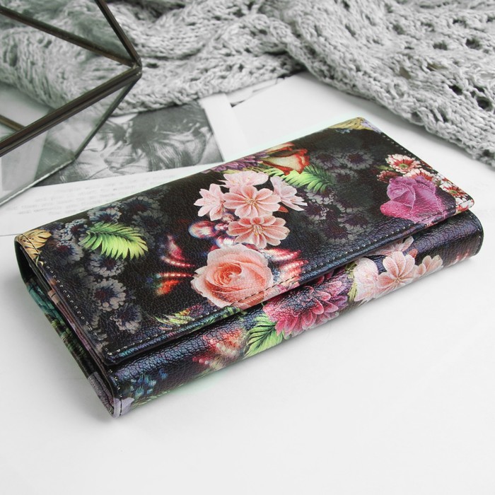 Кошелёк женский на клапане, 3 отдела, отдел для карт, для монет, наружный карман, цвет чёрный