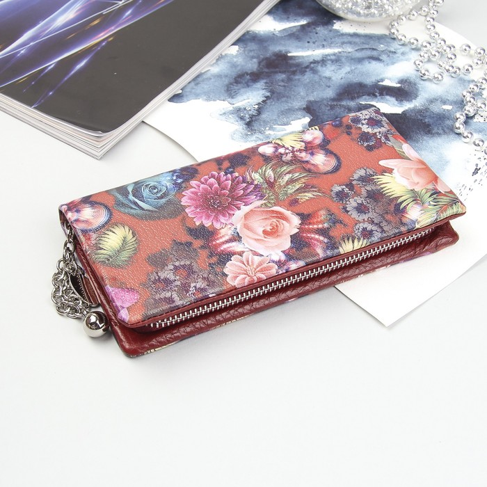 Кошелёк женский на молнии, 5 отделов, отдел для карт, для монет, с ручкой, цвет красный