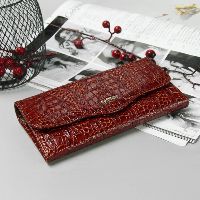 Кошелёк женский на клапане, 4 отдела, отдел для карт, наружный карман, цвет коричневый