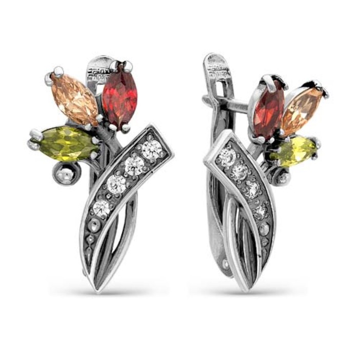 Серьги "Букет", россыпь, посеребрение с оксидированием, цвет красно-зелёный