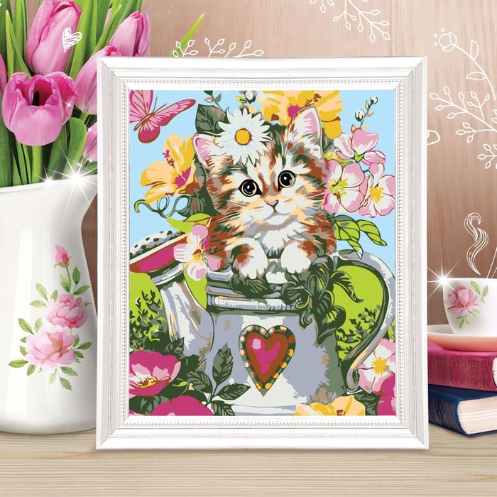 Роспись по номерам без подрамника "Котёнок в цветах", 40 х 30 см