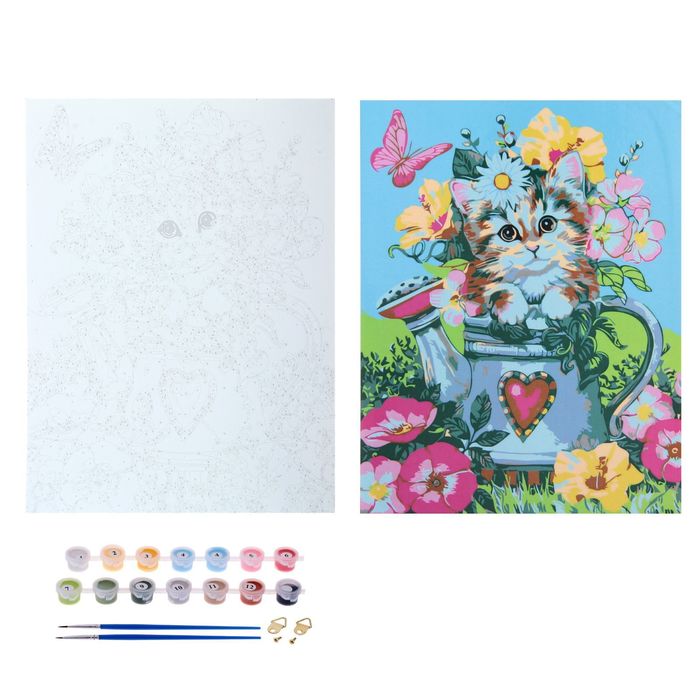 Роспись по номерам без подрамника "Котёнок в цветах", 40 х 30 см