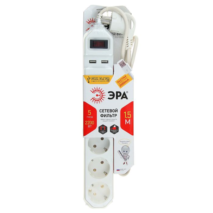 Сетевой фильтр "ЭРА" USF-5es-1.5m-USB-W, 5 розеток + 2 USB, 1.5 м, 10 А, с з/к, белый
