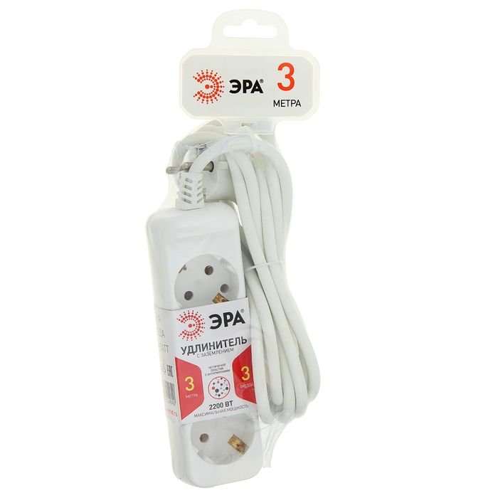 Удлинитель бытовой "ЭРА" U-3e-3m, 3 розетки, 3 м, 10 А, 2200 Вт, с з/к