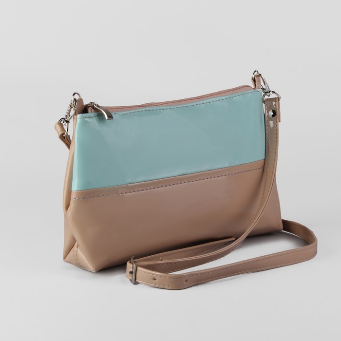 Сумка женская на молнии, 1 отдел, длинный ремень, цвет бежевый/аквамарин