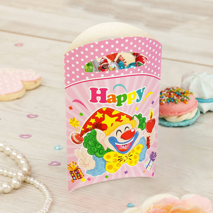 Пакет подарочный 14*24 см "Клоун" со свечой, розовый цвет (набор 6 шт)