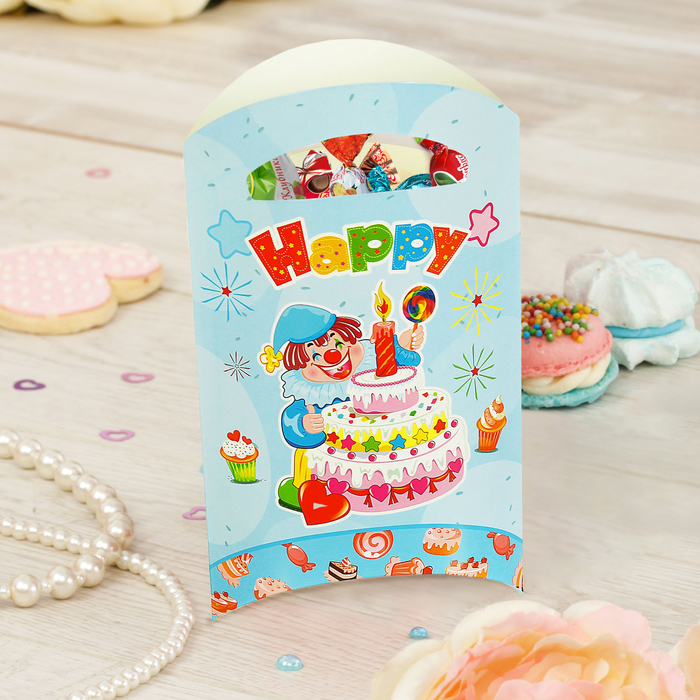 Пакет подарочный 14*24 см "Клоун с тортом" голубой цвет (набор 6 шт)