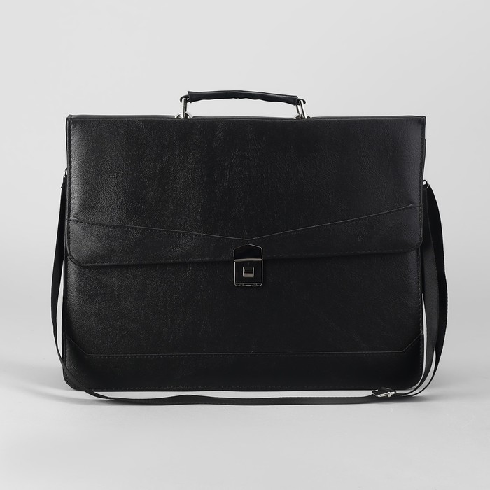 Портфель деловой на клапане, 3 отдела, длинный ремень, цвет чёрный