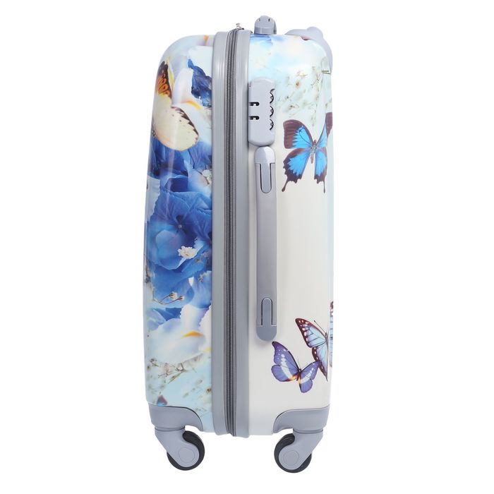 Чемодан с кейсом "Бабочки", малый, 20", 41 л, кодовый замок, 4 колеса, кейс крепится на ручку, цвет белый