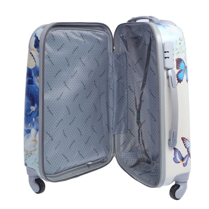 Чемодан с кейсом "Бабочки", малый, 20", 41 л, кодовый замок, 4 колеса, кейс крепится на ручку, цвет белый