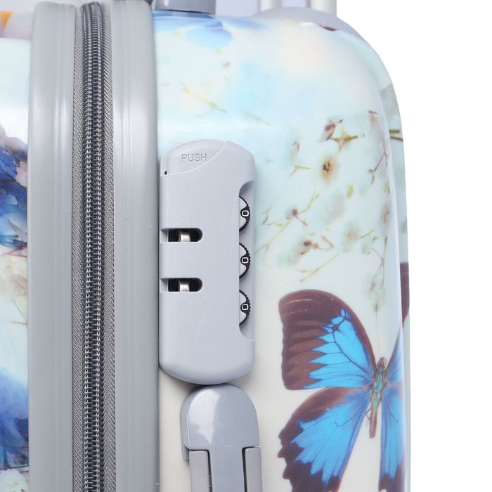 Чемодан с кейсом "Бабочки", малый, 20", 41 л, кодовый замок, 4 колеса, кейс крепится на ручку, цвет белый