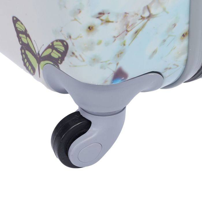 Чемодан с кейсом "Бабочки", малый, 20", 41 л, кодовый замок, 4 колеса, кейс крепится на ручку, цвет белый