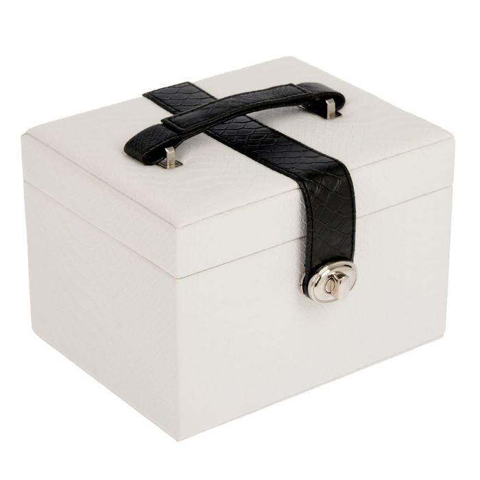 Шкатулка кожзам для украшений "Стильная" белая с черным ремешком 12,5х18х14 см