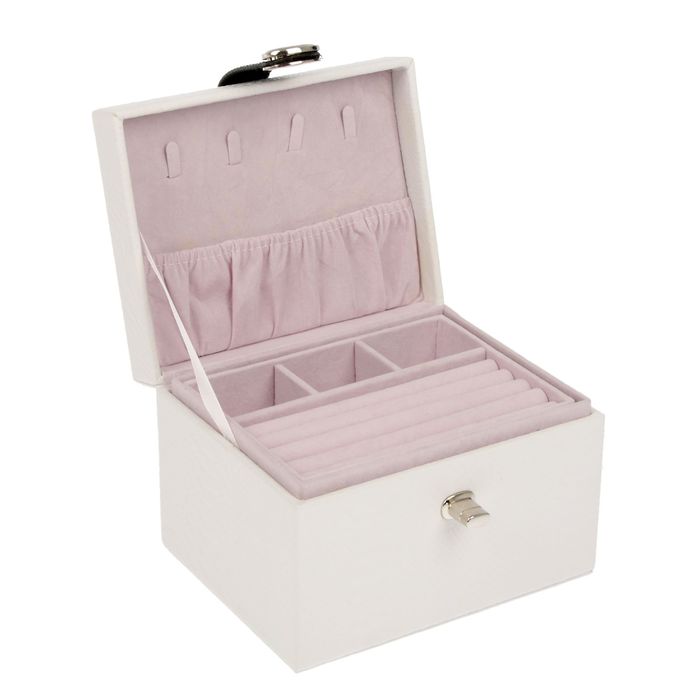 Шкатулка кожзам для украшений "Стильная" белая с черным ремешком 12,5х18х14 см