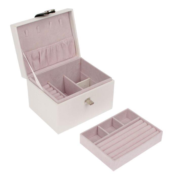 Шкатулка кожзам для украшений "Стильная" белая с черным ремешком 12,5х18х14 см