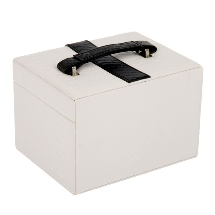 Шкатулка кожзам для украшений "Стильная" белая с черным ремешком 12,5х18х14 см