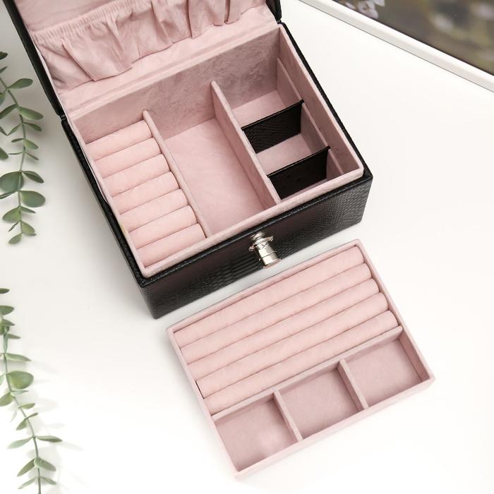 Шкатулка кожзам для украшений "Стильная" черная с белым ремешком 12,5х18х14 см