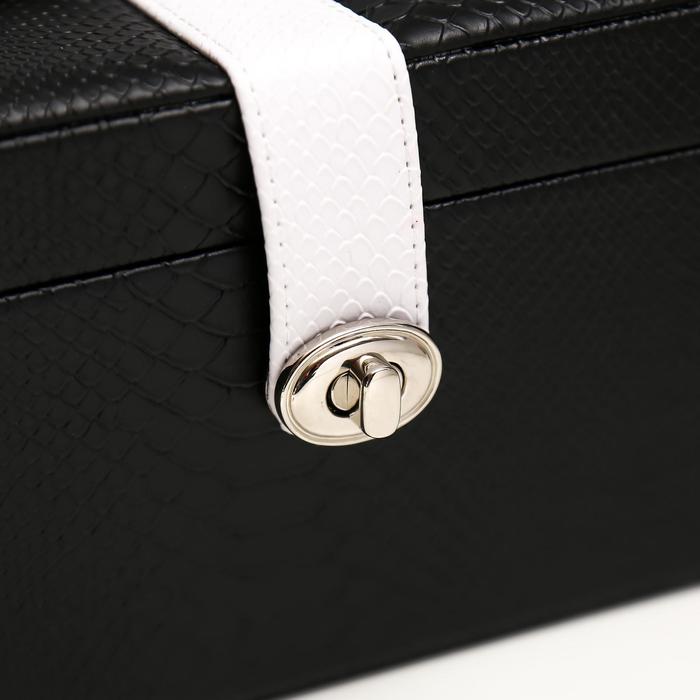 Шкатулка кожзам для украшений "Стильная" черная с белым ремешком 12,5х18х14 см