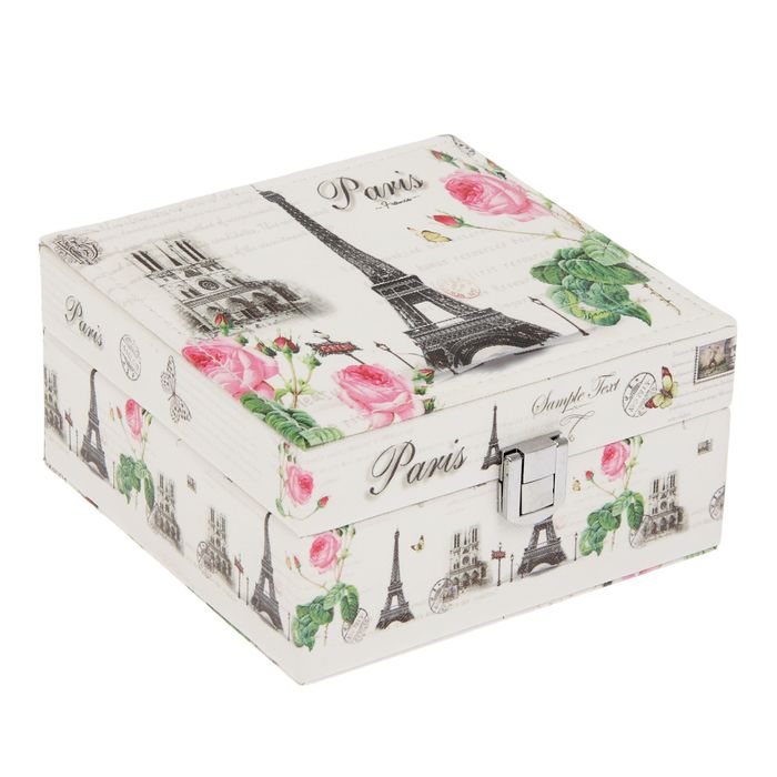Шкатулка кожзам для украшений "Эйфелева башня и розовые пионы" 8х14,5х14,5 см