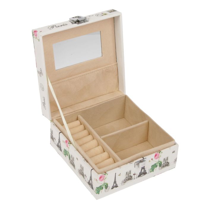 Шкатулка кожзам для украшений "Эйфелева башня и розовые пионы" 8х14,5х14,5 см