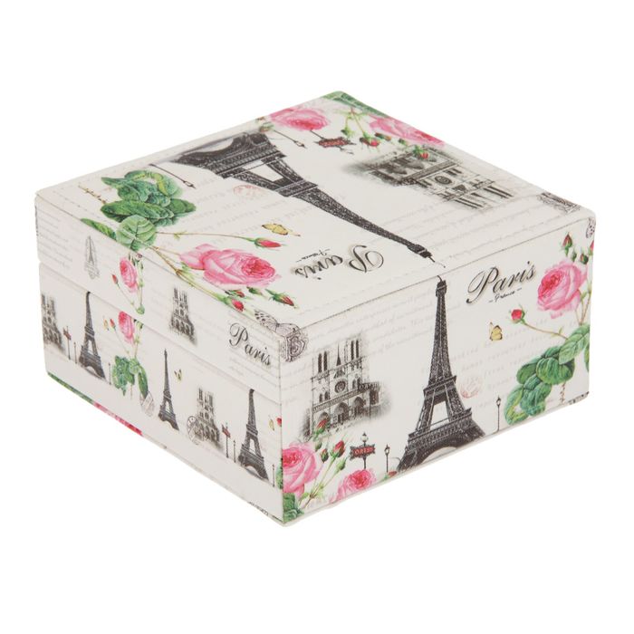 Шкатулка кожзам для украшений "Эйфелева башня и розовые пионы" 8х14,5х14,5 см