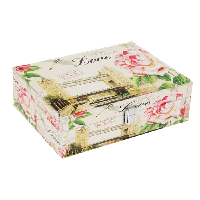 Шкатулка кожзам для украшений "Эйфелева башня и розовые пионы" 8х14,5х14,5 см