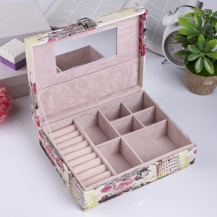 Шкатулка кожзам для украшений "Пизанская башня и ретромобиль" 8х25х19 см