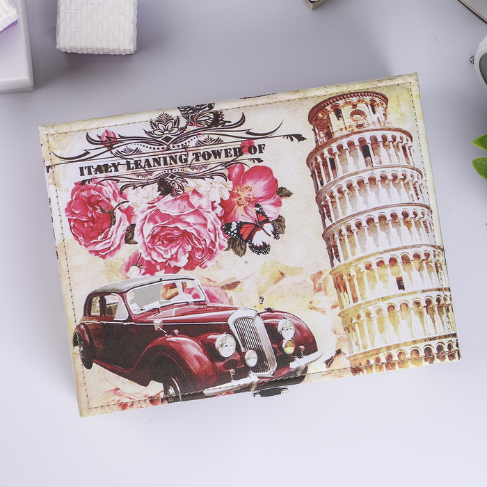 Шкатулка кожзам для украшений "Пизанская башня и ретромобиль" 8х25х19 см