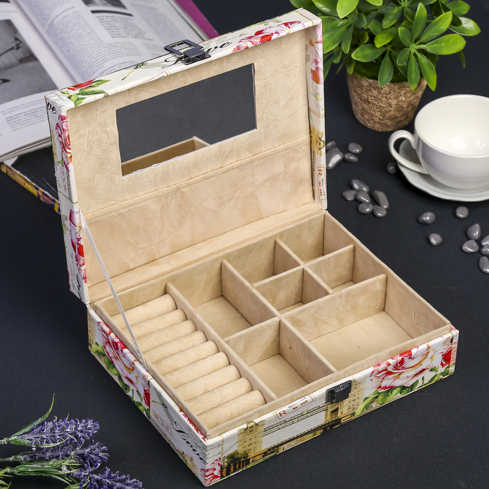 Шкатулка кожзам для украшений "Мост и розовый пион" 8х25х19 см