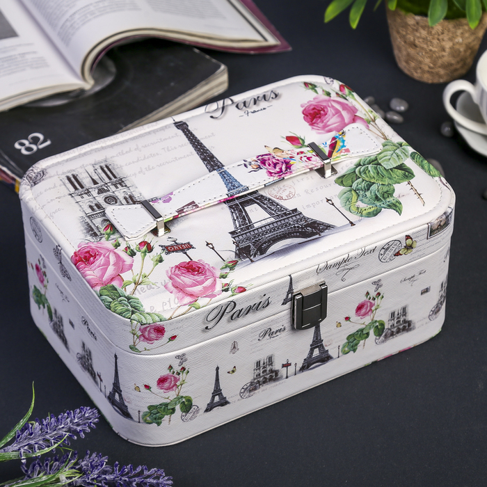 Шкатулка кожзам для украшений "Эйфелева башня и розовые пионы" 11х25х18 см