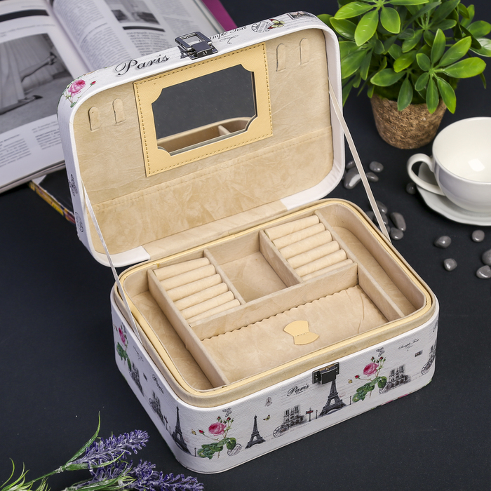 Шкатулка кожзам для украшений "Эйфелева башня и розовые пионы" 11х25х18 см