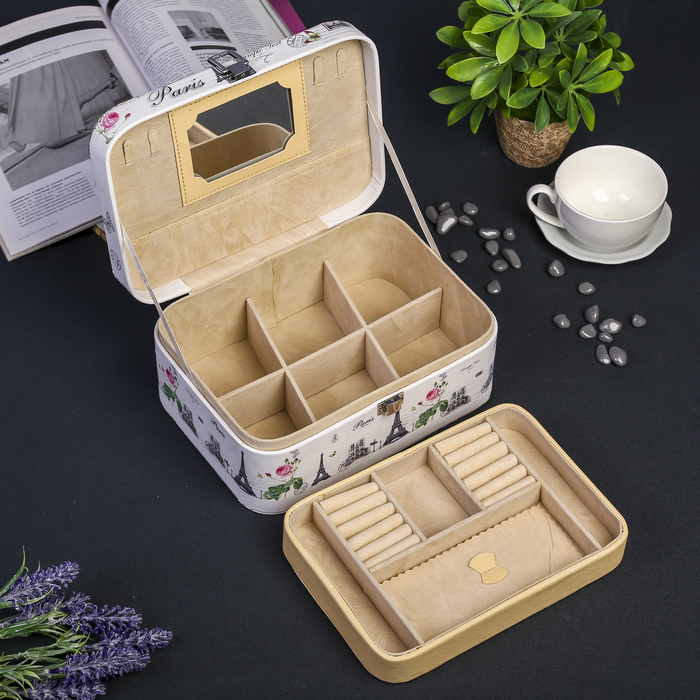 Шкатулка кожзам для украшений "Эйфелева башня и розовые пионы" 11х25х18 см