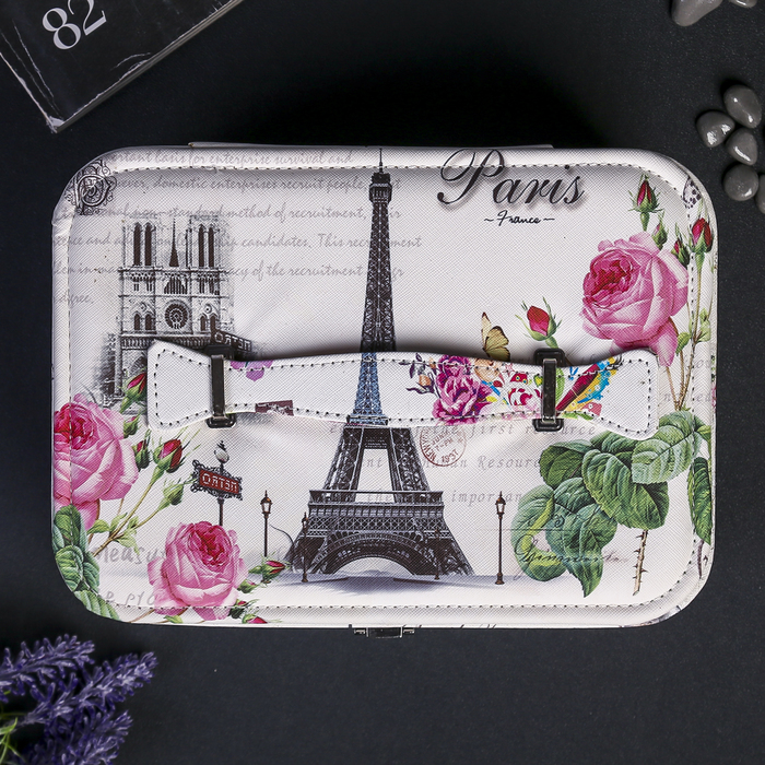 Шкатулка кожзам для украшений "Эйфелева башня и розовые пионы" 11х25х18 см