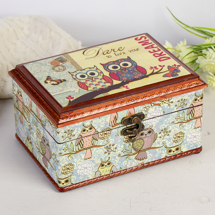 Шкатулка дерево лаковая "Совята на веточке" 24х17,7х13 см