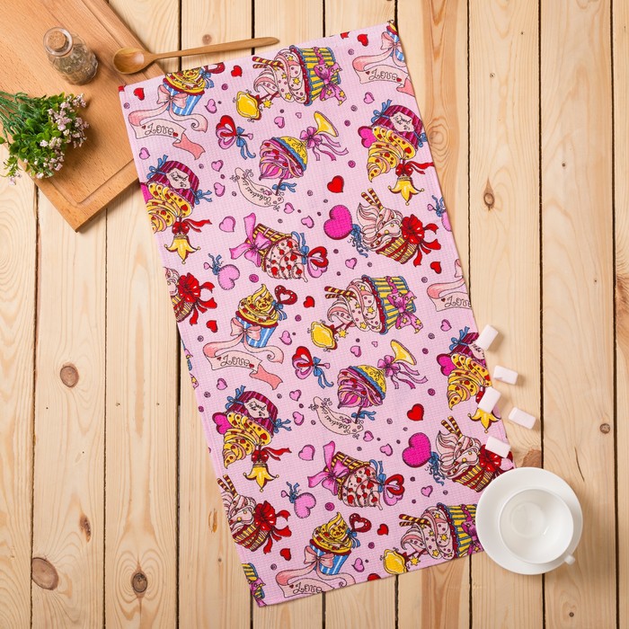 Полотенце вафельное набивное Пирожное 40*75 см розовое 160 гр/м хл.100%