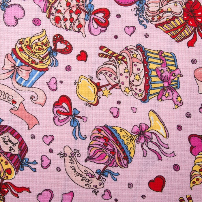 Полотенце вафельное набивное Пирожное 40*75 см розовое 160 гр/м хл.100%